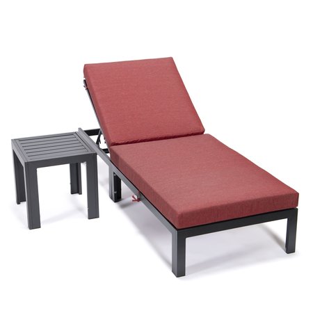 LEISUREMOD Chelsea Modern Outdoor Chaise Lounge Chair With Side Table & Red Cushions CLTBL-77R